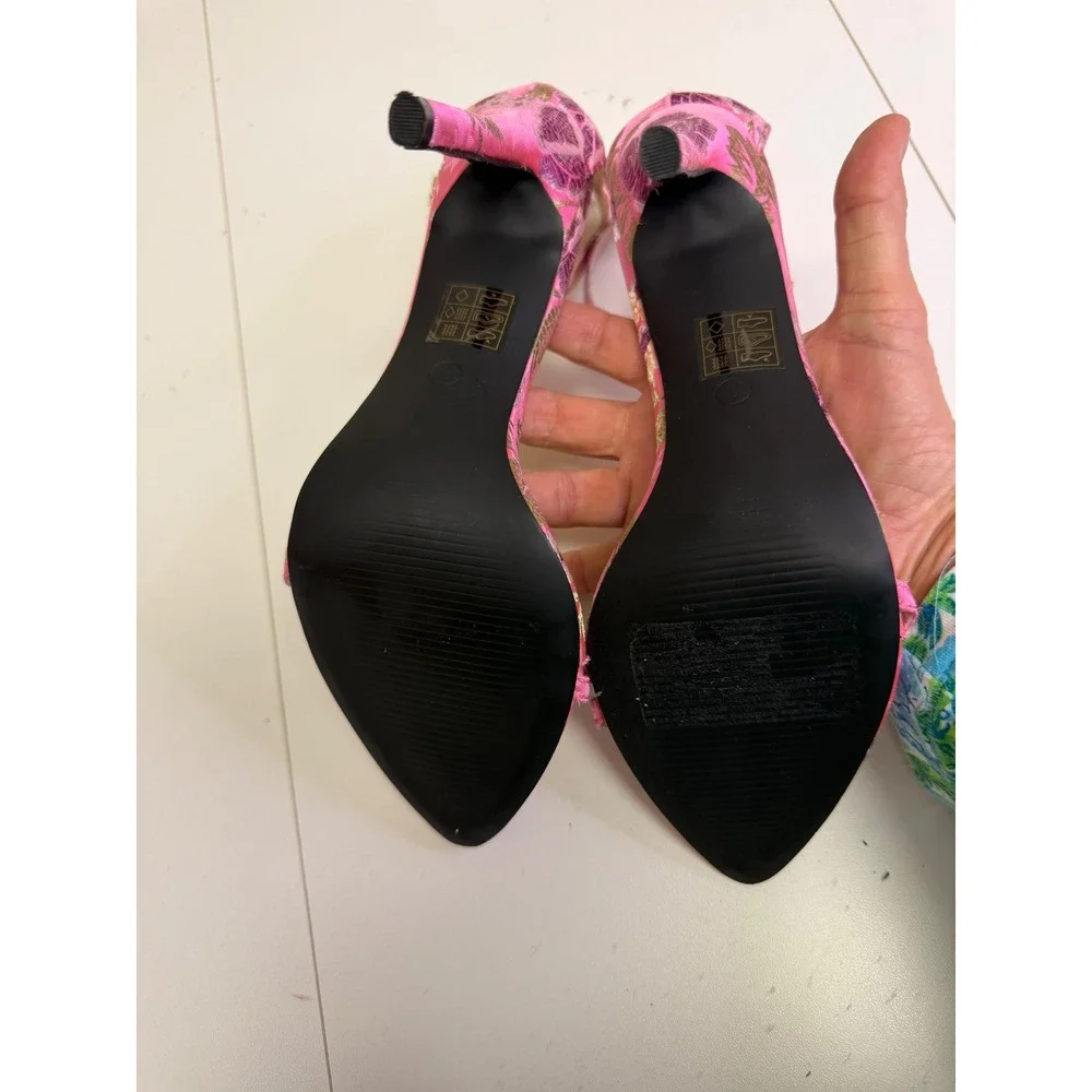 PrettyLittleThing Pink‎ Floral Print Stiletto Heels Ankle Strap Sandals Size 6